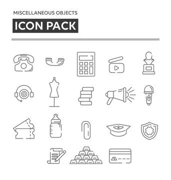 Miscellaneous Objects Linear Icon Pack. Miscellaneous Objects Linear Icons Set Stock Illustration