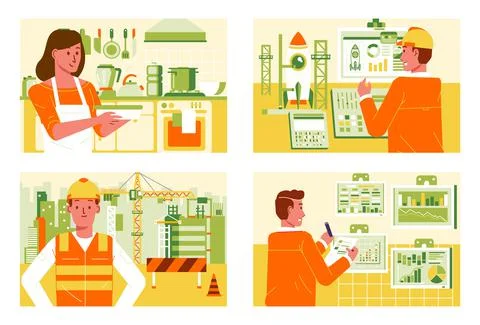 Miscellaneous work in different workplace, at house, construction, office and Stock Illustration