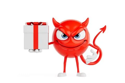 Mischief And Temptation Concept. Red Evil Cartoon Character Holding Gift Bo.. Stock Illustration