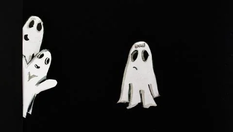 Mischievous ghosts peeking out from behind a wall.Black background. Illustrazione stock