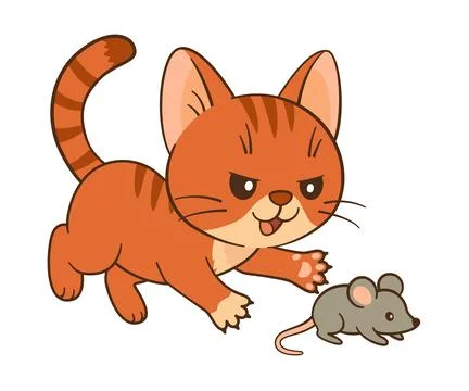 Mischievous red tabby cat chasing small gray mouse. Cute ginger tabby kitten in Illustrazione stock