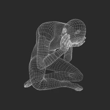 Miserable Depressed Man Sitting and Thinking. Man in a Thinker Pose. Illustrazione stock