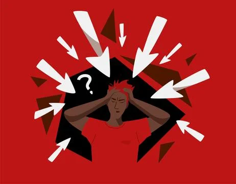 Misinformation vector illustration, Stressed man with multiple arrows point.. Stock Illustration
