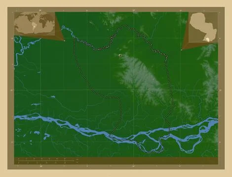 Misiones, Paraguay. Colored elevation map with lakes and rivers Ilustração Stock