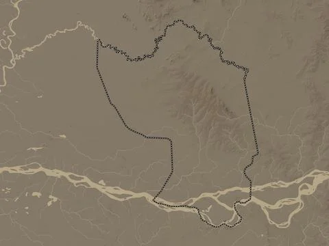 Misiones, Paraguay. Elevation map colored in sepia tones with lakes and river Ilustração Stock