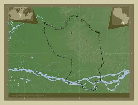 Misiones, Paraguay. Elevation map colored in wiki style with lakes and rivers Ilustração Stock