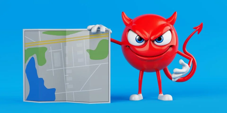 Misleading Direction And Risk Navigation Concept. Red Devil Cartoon Charact.. Stock Illustration