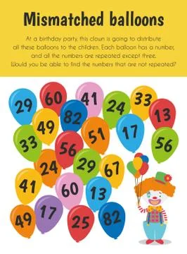 Mismatched balloons Educational Sheet. Primary module for Attention and Perce 스톡 일러스트