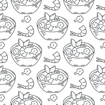 Miso soup doodle seamless pattern. Background asiafood ink sketch Stock Illustration