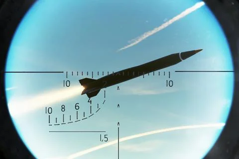 Missile with active engine observed in sight during aerial interception 스톡 사진