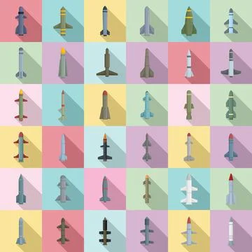 Missile attack icons set, flat style Stock Illustration