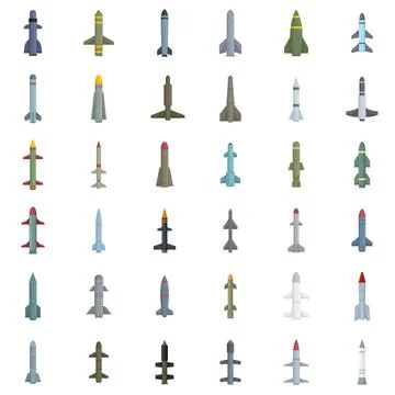 Missile attack icons set flat vector isolated Stock Illustration