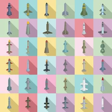 Missile attack icons set, flat style Stock Illustration