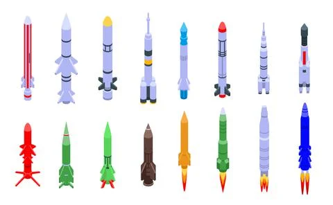Missile attack icons set, isometric style Stock Illustration
