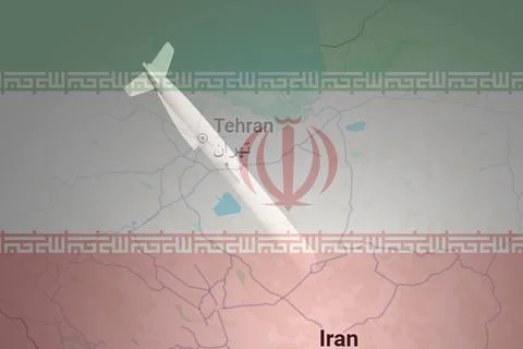 A missile attacks the territory of Iran, the flag of Iran and a map on the .. Иллюстрация