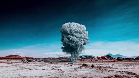 A missile blasted the landscape. A huge explosion in an open area. Not real Stock Footage 273153159