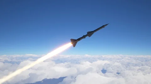 Missile fly above the clouds Stock Footage 128368845