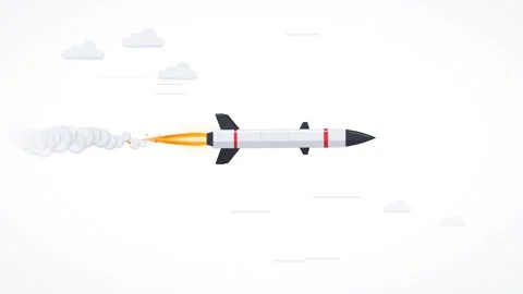 Missile flying right with rocket flame and smoke flat seamless loop 库存影片 347638423
