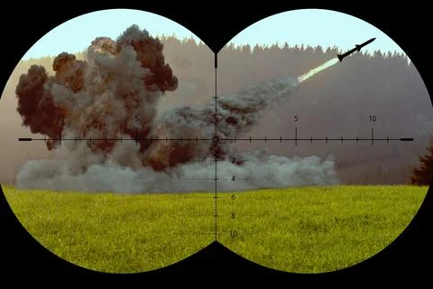 Missile Launch And Explosion Through Optical Scope Stock Photos