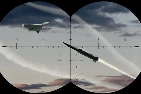 Missile Launch Viewed Through Reticle Against Dramatic Cloudy Sky 스톡 사진