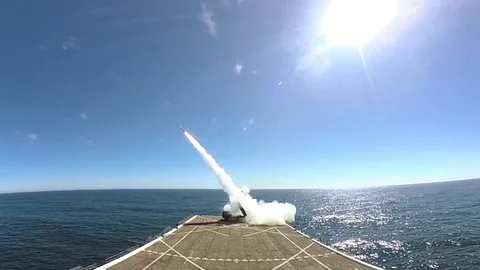 Missile launched from the deck of a pier 1 Stock Footage 110794651