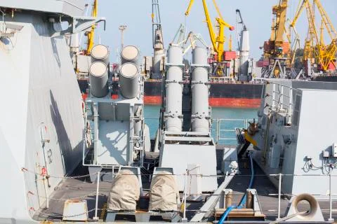 Missile systems Destroyers of type 45 Daring. Shipborne weapons systems. Deck Stock Photos