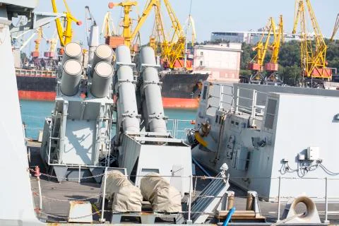 Missile systems Destroyers of type 45 Daring. Shipborne weapons systems. Deck Stock Photos