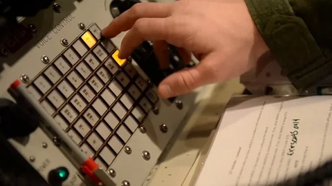 Missileer operates voice control unit in missile launch control center - 2017 Stock Footage 88048569
