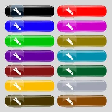 Missile,Rocket weapon  icon sign. Set from fourteen multi-colored glass butto Stock Illustration