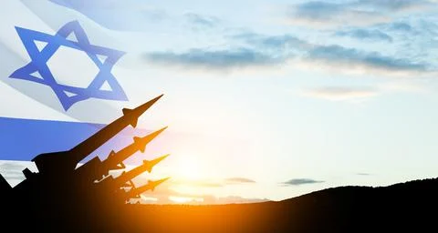 The missiles are aimed at the sky at sunset with Israel flag. Nuclear bomb,.. Stock Photos