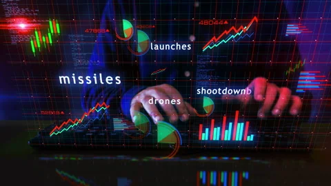 Missiles drones charts graphs display with typing keyboard Stock Footage 335711355