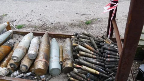 Missiles, shells, bombs, mines, explosive devices, grenades for disposal Stock Footage 260817953