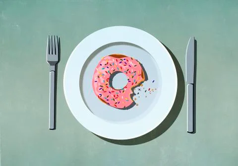 Missing bite from pink donut with sprinkles on plate Stock Illustration