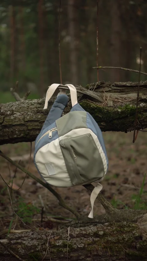 Missing Child Backpack Hanging in Woodland. Vertical video. 스톡 동영상 343894547