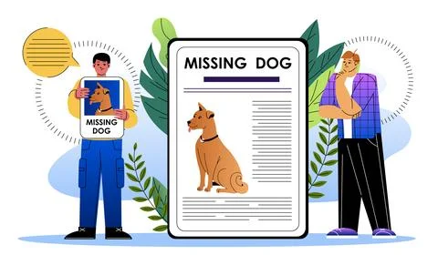 Missing dog poster. Two men near placard with puppy. Notice and announcement Stock Illustration