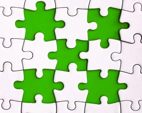 Missing jigsaw puzzle on green background with customizable space for text .. Stock Photos