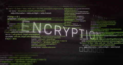 Missing letters animating completing ENCRYPTION while colored code streaming Stock Footage 312348953