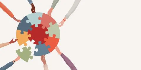 Missing link. Arms of people holding and connecting puzzle pieces together Stock Illustration