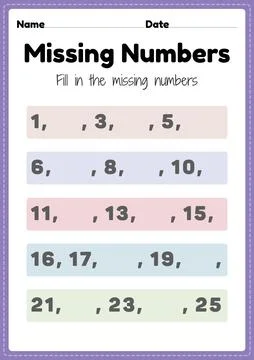 Missing numbers worksheet, math printable sheet for preschool and kindergarten Stock Illustration