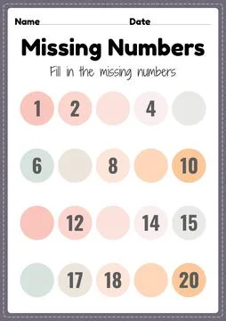 Missing numbers worksheet, math printable sheet for preschool and kindergarten Stock Illustration