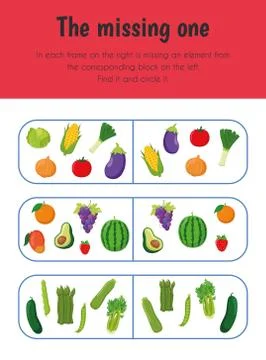 The missing one Educational Sheet. Primary module for Attention and Perceptio Illustrazione stock