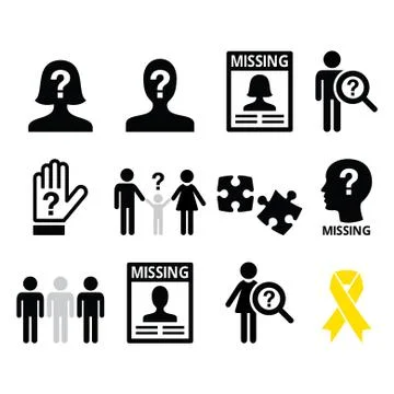 Missing people, missing child icons set Stock Illustration