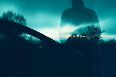 A missing person, ghost concept. Of a transparent man standing next to a car Stock Illustration