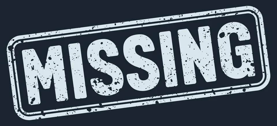 Missing white grunge stamp on dark blue background. missing stamp Ilustração Stock