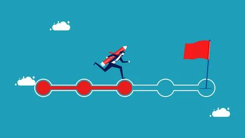 Mission and progress of development. a businessman with a pencil running on t 库存插图