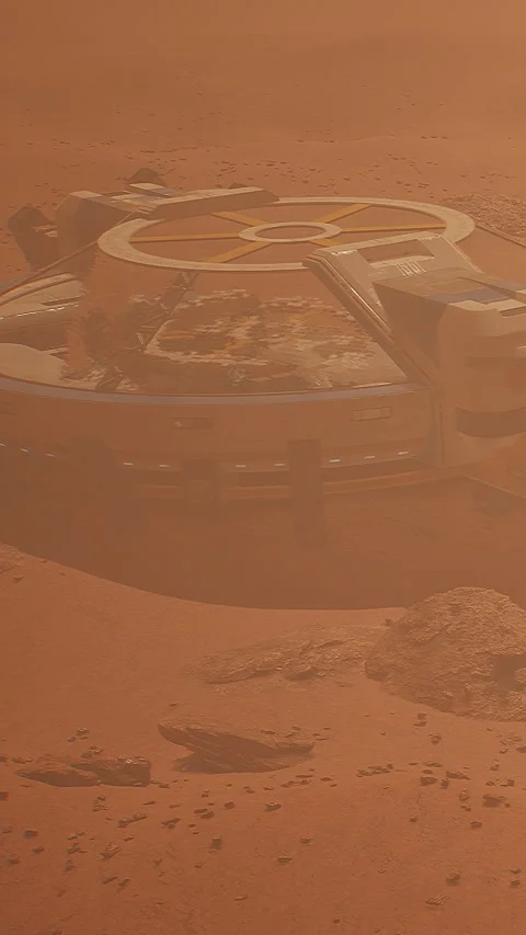 Mission base on Mars with structures on the surface during a dust storm Stock Footage 337948739