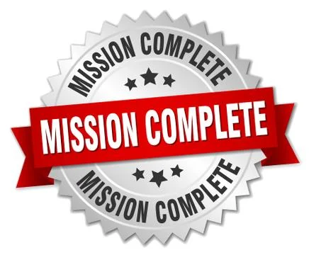 Mission complete 3d silver badge with red ribbon 스톡 일러스트