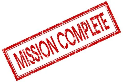 Mission complete red square stamp isolated on white background Illustrazione stock