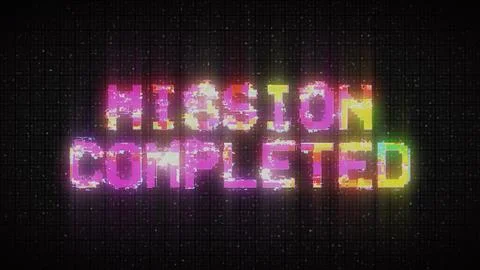 MISSION COMPLETED text computer old tv glitch interference noise screen  Stock Illustration