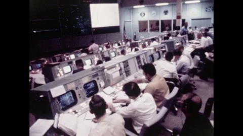 Mission Control staff working at stations during launch of Apollo 11 spacecraft  Stock Footage 274335989